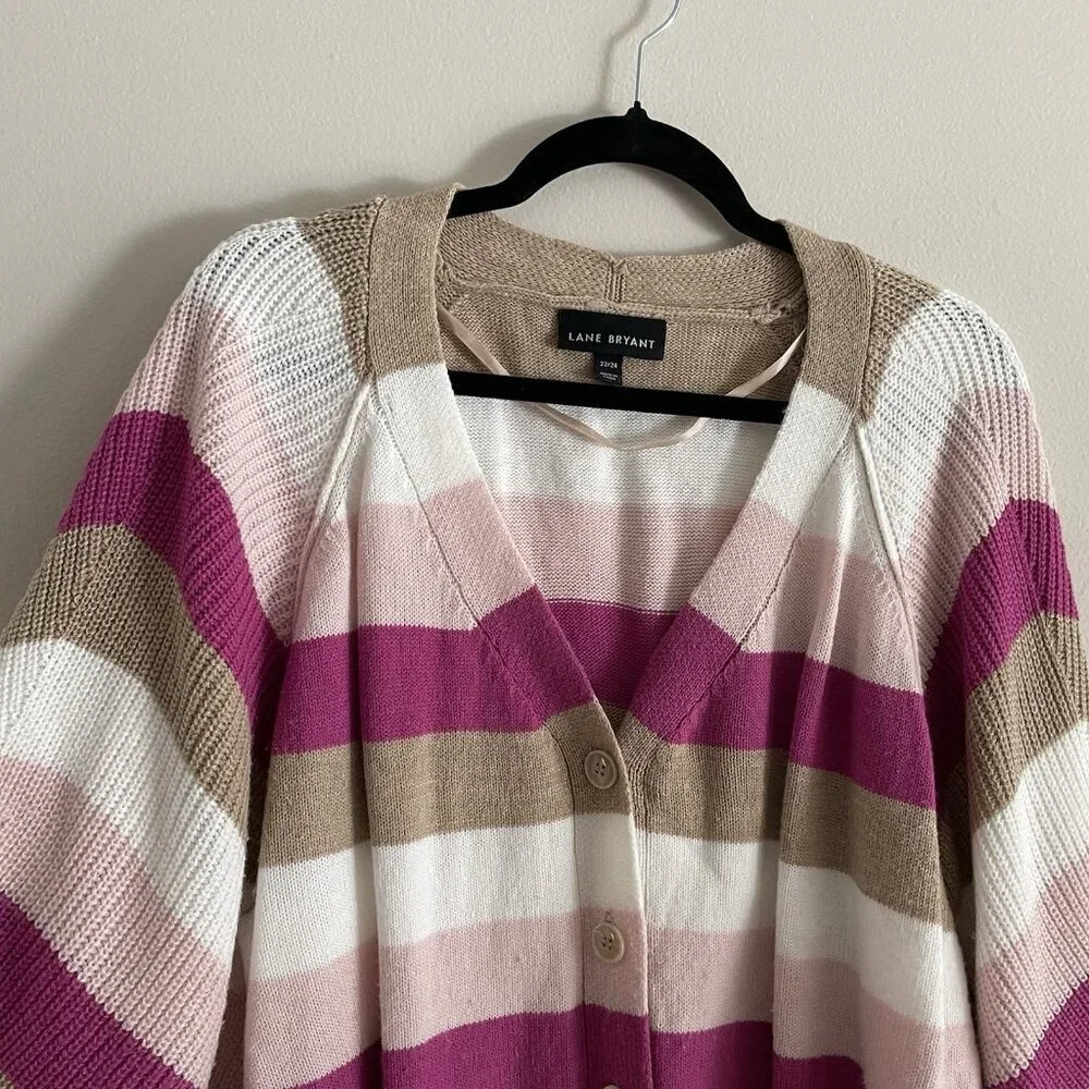 Lane Bryant Women 22/24 Stripe V-Neck 3/4 Balloon Sleeve Ribbed Cropped Cardigan